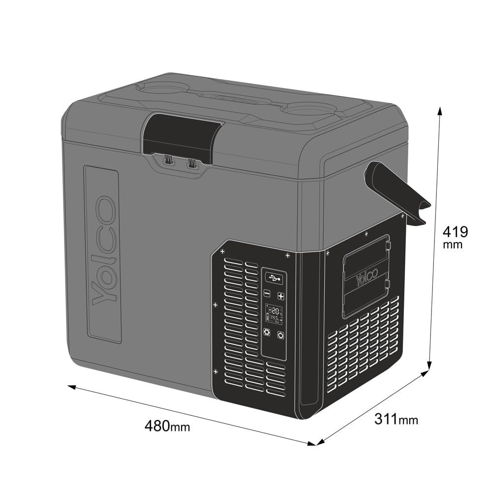 Yolco ET18 Carbon kompresorowa lodówka turystyczna 18 l z akumulatorem SC4B – przenośna lodówka i zamrażarka do -20°C, 12/24 V DC i 230 V, USB, do samochodu, ciężarówki, łodzi, na kemping, szara