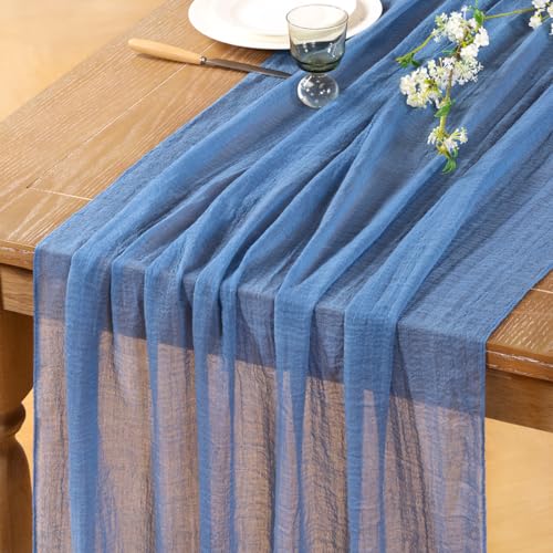 DeZerlor Camino de mesa de gasa azul polvoriento, paquete de 2 caminos de mesa de Pascua de gasa bohemia de 120 pulgadas de largo, paños de queso transparentes para decoración rústica de boda, novia,