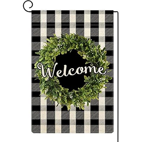 Baccessor Boxwood Wreath Welcome Garden Flag Double Sided, Buffalo Plaid Check Spring Christmas Yard Flag Burlap, Small Farmhouse Rustic Flags for Outdoor Outside Decoration 12.5 X 18 Inch Cover