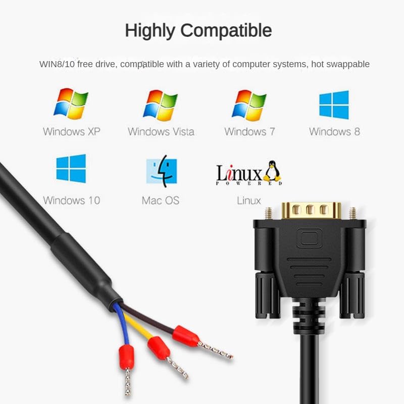RIKYJIC Gold-Plated DB9 RS232 Straight-Through Serial Cable with RXD TXD GND Terminals (Single Male, 1 Meter)