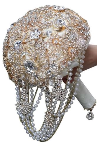 Image of MaxxCloud Luxury Gatsby-Inspired Vintage Wedding Golden Brooch Bouquets Handmade Sliver Bling Glam Wedding Bridal Bouquet