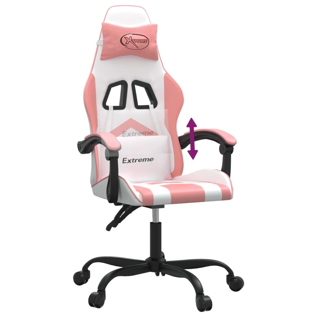 Gaming-Stuhl Weiß Rosa Kunstleder mit Wippfunktion und Lenden Nacken Kissen Ergonomisch, Drehbar, Verstellbare Rückenlehne, Fußstütze, für Homeoffice, Jugend, PC, Esport, bequem