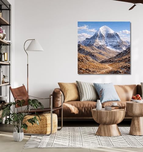 Image of Kunj Cart Mount Kailash Painting | 10+ DESIGNS | Kailash Parvat Canvas Painting for Living Room, Temple Home & Office Wall Decoration (Mount Kailash Painting, 18x18 Inch, Framed)