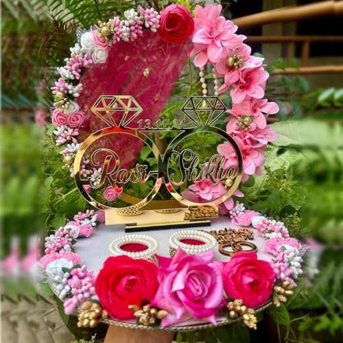 Image of Wedding Vibes Wooden Engagement Ring Platter Tray | 2 Detachable Ring Boxes | Pink Theme | Personalized Name Customization Available | 10 x 10 x 10 Inch
