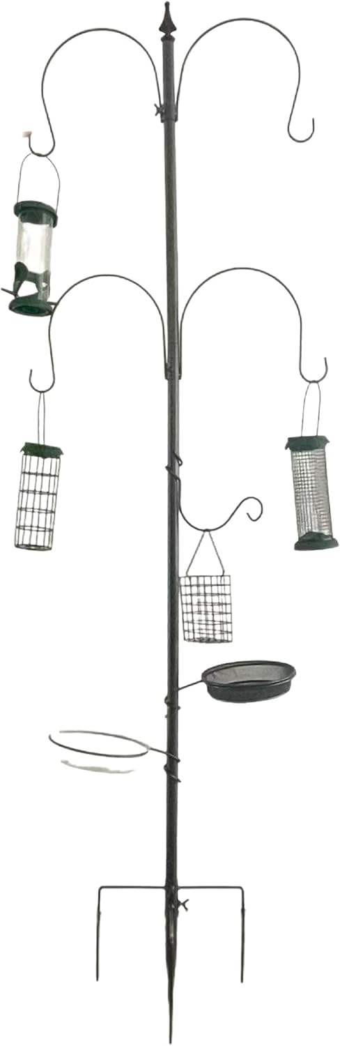 Relaxdays Bird Feeding Station, 6-in-1, Ground Spike, Water & Food Bowls, Basket, Seed Dispenser, Steel, Black, 231 x 55.9 x 5 cm