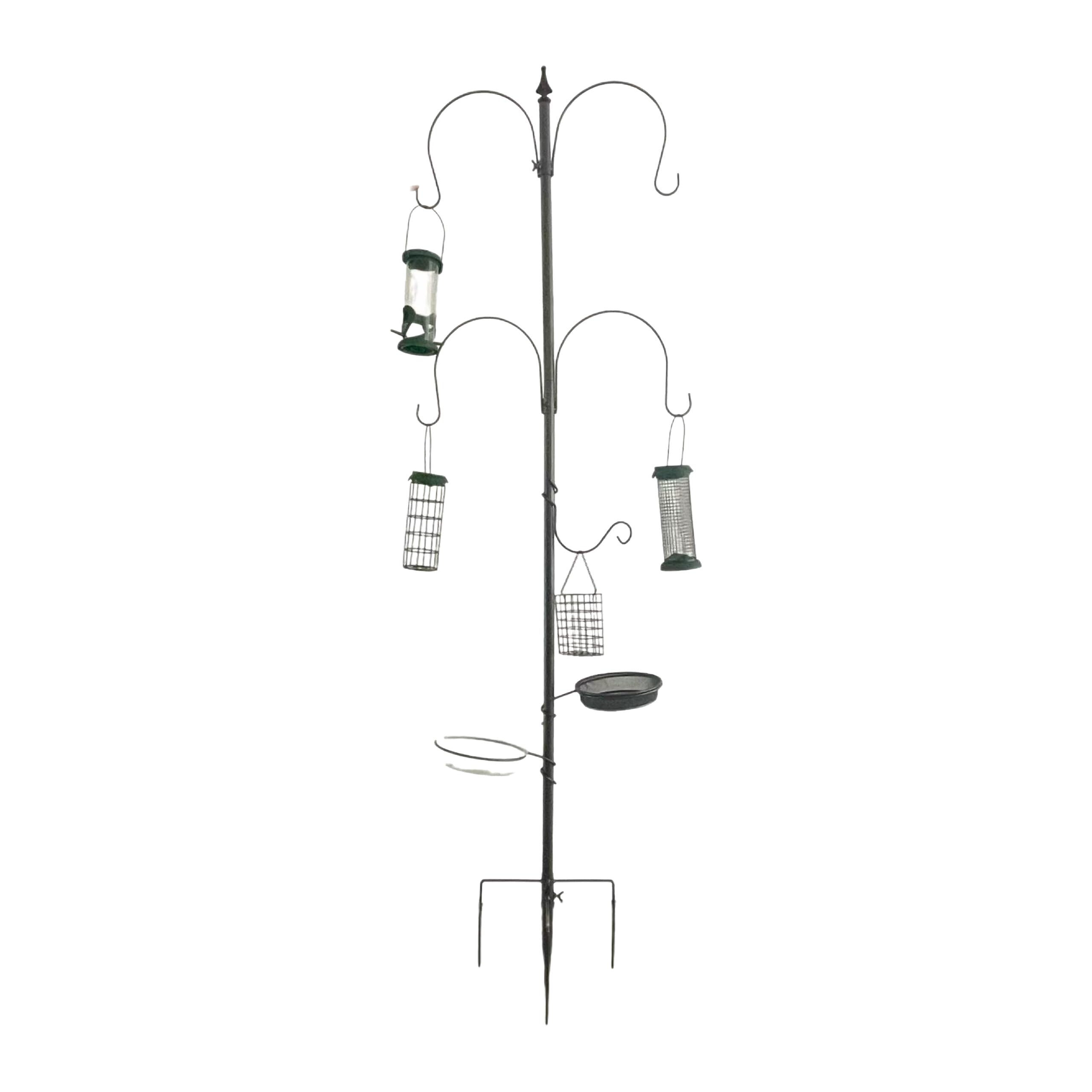 Relaxdays Mangeoire pour Oiseaux 6 en 1, Piquet, Abreuvoir, Distributeur de graines, Acier, Noir