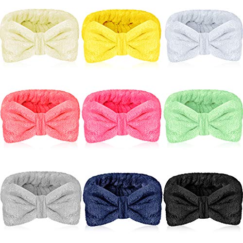 9 Pieces Microfiber Bowtie Headbands Soft Makeup Headbands Adjustable Elastic Hair Band Cosmetic Wash Spa Yoga Sports Shower Facial Hair Band for Girls and Women