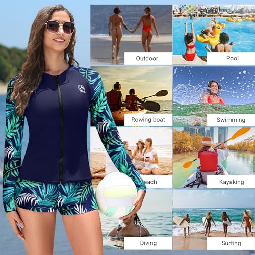 Holipick 2 Piece Rash Guard for Women - Long Sleeve Swimsuit with Shorts UPF 50+ Zipper Swim Shirt4
