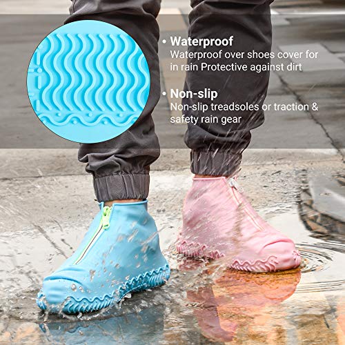 ATOFUL Reusable Silicone Waterproof Shoe Covers, Silicone Shoe Covers with Zipper No-Slip Silicone Rubber Shoe Protectors for Kids,Men and Women (Blue, XL)
