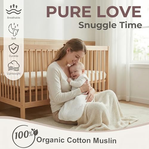 Image of BSTOPPT 2 Pack Baby Sleep Sack 6-12 Months 100% Organic Cotton Muslin Baby Sleeping Bag 2-Way Zipper Wearable Blankets TOG 0.3 (White & Light Gray, Medium)