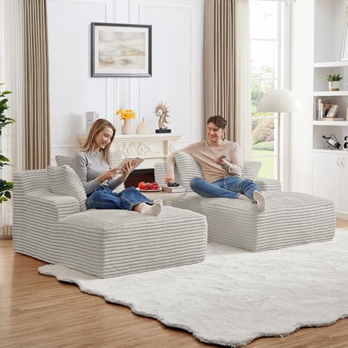 Image of Oversized Chaise Lounge Chair Indoor,78.7 inchW Upholstered Corduroy Cloud Sofa Boneless Couch,Modern Deep Seat Comfy Sofa Chair,Loveseat Sleeper Couch Bed for Livingroom,Bedroom,No Assembly(Light Grey)