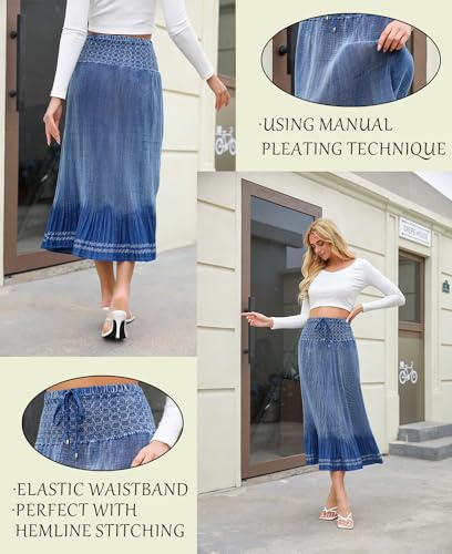 Women's Denim Boho Maxi Skirts Elastic High Waist Ruffle Tied A Line Flowy Long Jeans Skirts3