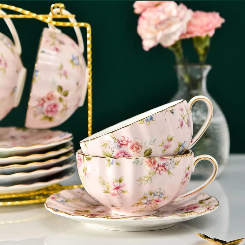Espressotassen Blumen-Teeservice, Keramik-Kaffeetasse, Anzug-Stil, hochwertige Teetasse und Untertasse mit goldenem Rand und einem Löffel Espresso Tassen (Size : 220ml, Color : Style C 400ml)