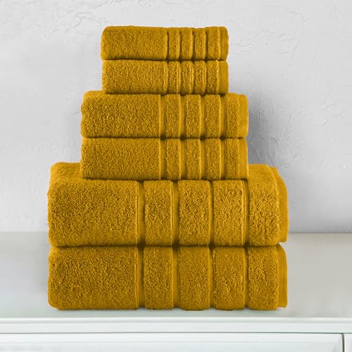Image of Elegant Comfort 4 Lines Viscose Stripe 6-Piece Premium Towel Set - 100% Turkish Cotton High Absorbent Luxury Bathroom Towels - Includes 2 Washcloths, 2 Hand Towels and 2 Bath Towels Set, Gold
