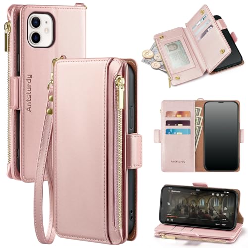 Antsturdy Compatible with iPhone 11 Wallet Case,RFID Blocking PU Leather Phone Case Women Men flip Shockproof Protective Cover Wrist Strap Zipper Credit Card Holder Slots,for Apple 11 6.1