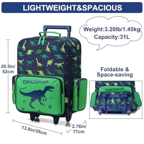 Image of VASCHY Rolling Luggage for Kids, Cute Travel Suitcase for Boys Girls with Wheels, Cute Dinosaur, 20.5 x 13.8 x 6.7 inches