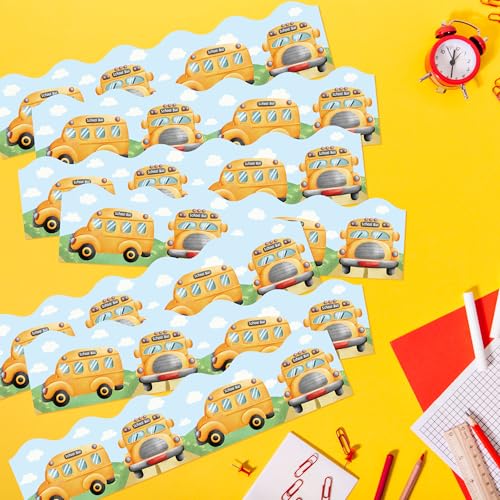 Image of BeYumi School Bus Border Trim - 65ft Back to School Bus Scalloped Rolled Border Trim Pastel Watercolor Bulletin Board Set Classroom Office Chalkboard Kindergarten Elementary Home Party Decoration