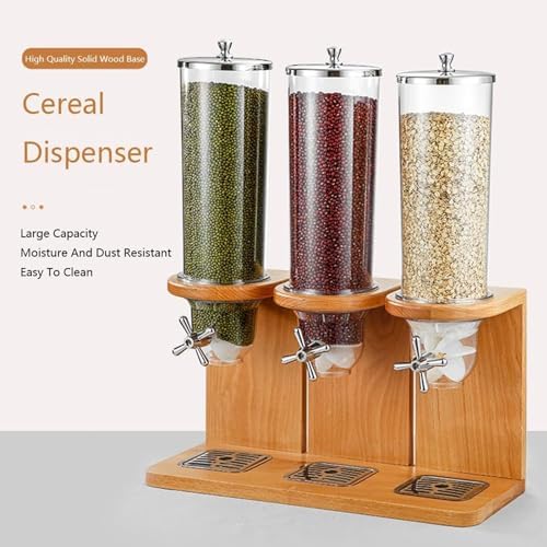 3-Barrel Cereal Dispenser for Easy Clean, Dry Food Storage with PC Bucket & Wooden Base - Perfect Countertop Container for Cereal and Snacks, Ideal for Kitchen Organization