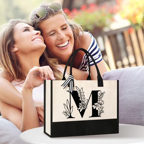 Image of Personalized Initial Canvas Tote Bag, Suitable for Birthday, Wedding, Beach, Holiday, Gifts for Women, Mom, Teachers, Nurses, Best Friends, Bridesmaids (M)