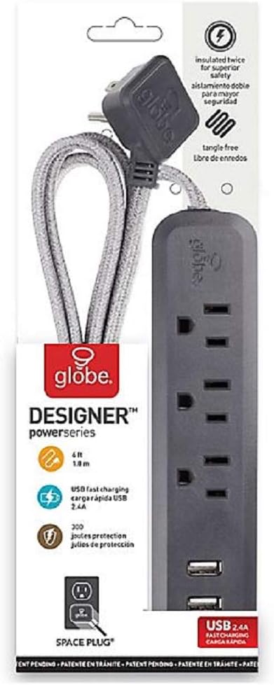 Globe Electric Designer Series 6-ft 3-Outlet 2-USB Surge Protector Power Strip in Grey Charcoal