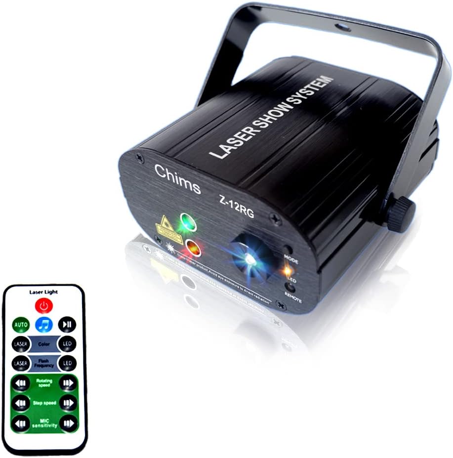 Chims DJ Party Lights Projector Red Green Lighting with LED 12 Patterns RG Color Decoration Lighting System for Family Party DJ Disco Bar Club Music Show Xmas Christmas (2 Lens RG 12 Patterns)