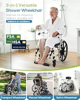 Hybodies 22" Self-Propelled Shower Wheelchair, 300LBs Heavy Duty Aluminum Shower Commode Chair with Flip-Up Armrests, Rolling Transfer Chair & Bathroom Mobility Aid for Seniors & Limited Mobility
