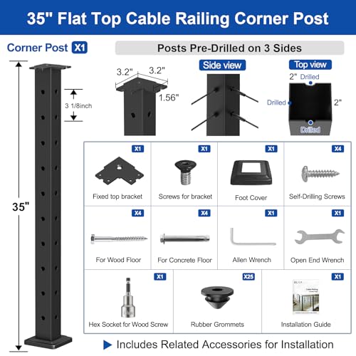 BLIKA 36" Cable Railing Corner Post(Post 35"x2"x2"), 3-Side Drilled Flat Top Surface Mount Corner Post, Stainless Steel Black Handrail Corner Post for Cable Railing Kits, BL05-CP by BLIKA - Image 2
