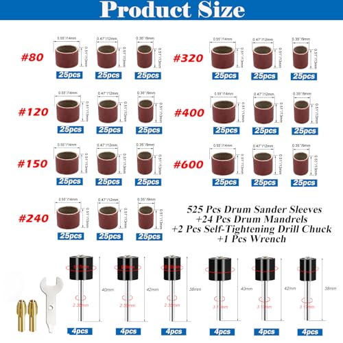 Image of Tnisesm 552Pcs Aluminum Oxide Sanding Drum Set,Including 525 Pieces 80 120 150 240 320 400 600 Grit Drum Sander Sanding Sleeves and 24 Pieces Drum Mandrels for Dremel Rotary Tool,Sanding Drums