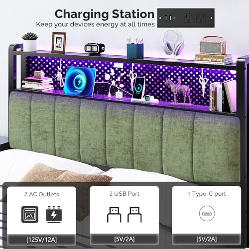Image of VINGLI Chenille Green Upholstered Bookcase Headboard Only Full Size Height Adjustable Headboard with 2 Tier Shelves, LED Lights and Charging Station for Bed, Bedside Storage