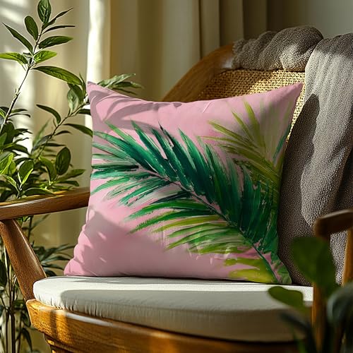 Image of Summer Pink and Green Tropical Palm Leaf Decorative Throw Pillow Cover Decor 18x18,Palm Leaf Botanical Decorative Lumber Beach Plant Throw Pillow Cover for Cabin Couch Double-Sided
