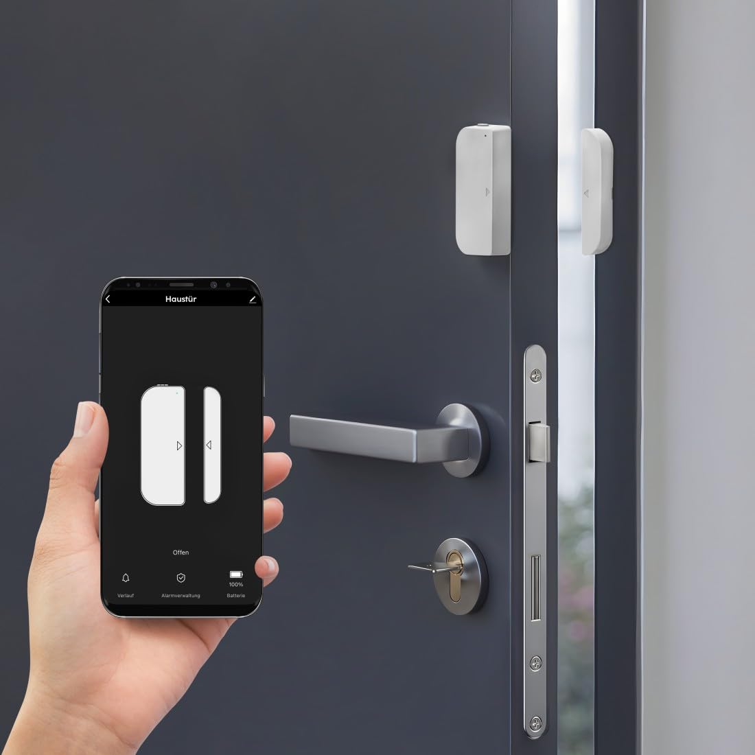 Hama Kontakt okienny WiFi (bez huba, czujnik okien/drzwi z zestykiem magnetycznym, alarm na telefon komórkowy, 2,4 GHz, darmowa aplikacja, zasilanie baterią) alarm okienny/drzwi