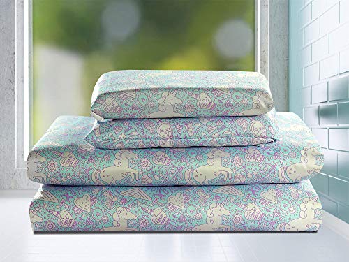 Queen 4 Piece Microfiber Sheet Set Unicorn Hearts Love Bedding Purple Blue White
