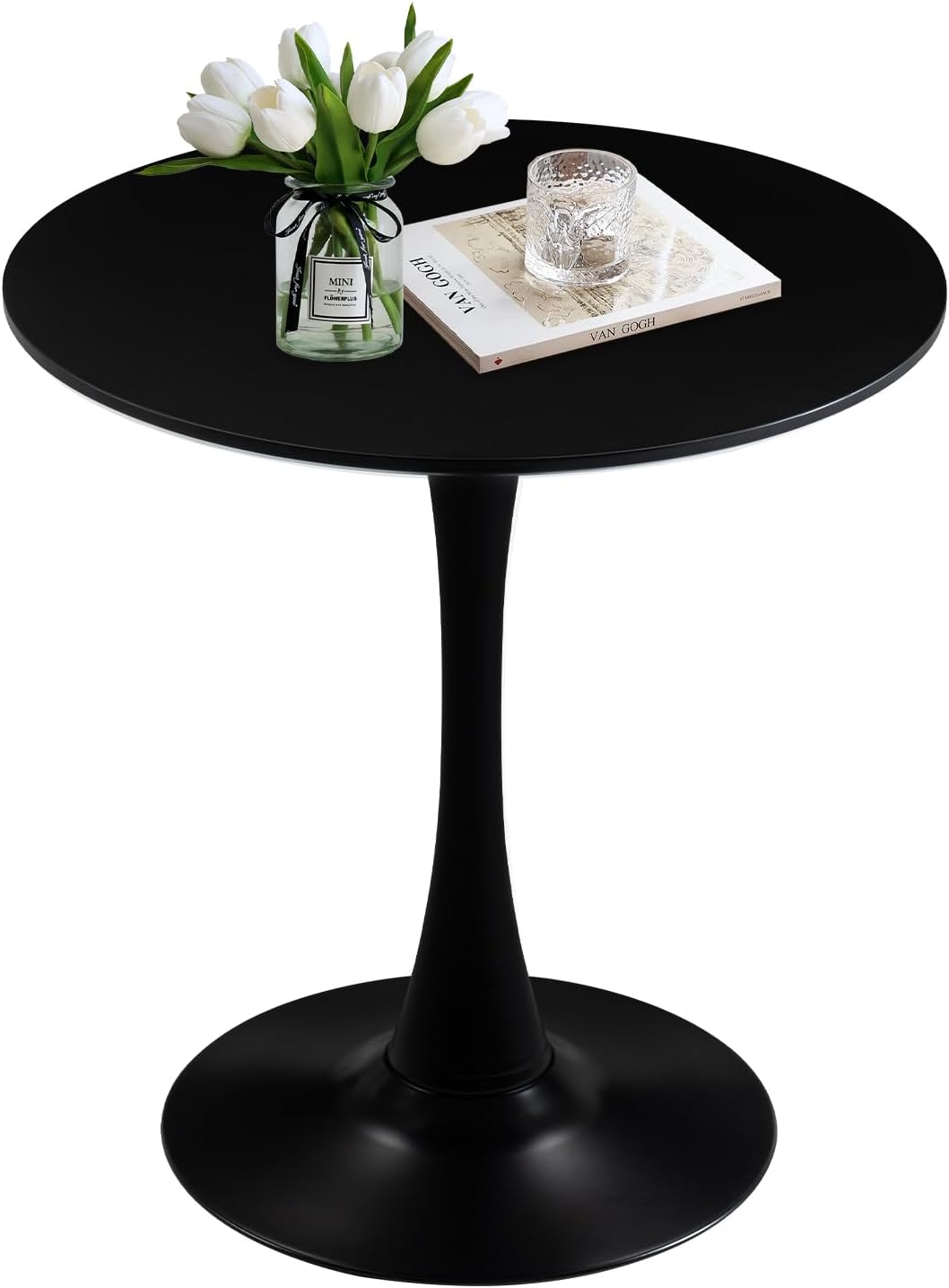 27.5" Small Round Dining Table, Modern Tulip Style Table for 1-2 People, Space-Saving Table for Dining Room, Kitchen, or Cafe, White Pedestal Base