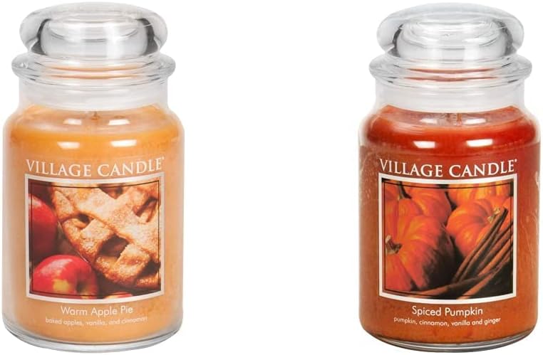 Village Candle Warm Apple Pie and Spiced Pumpkin Large Glass Apothecary Jar Scented Candles, 21.25 oz