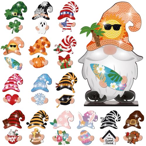 Juexica 32 Pcs Magnetic Diamond Painting Interchangeable Standing Posture Gnome Decor DIY Seasonal Gnome Sign Holiday Tiered Tray Decoration with Magnet Pieces for Home Office Desk (Adorable)