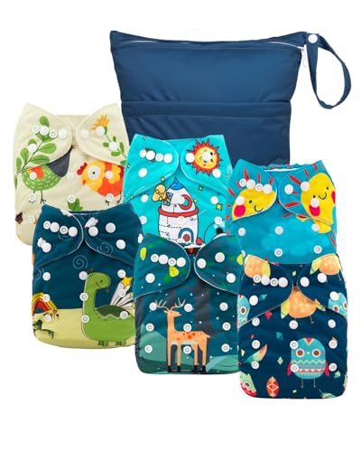 Image of babygoal Cloth Diaper Covers 6 Pack with Wet Bag for Fitted Diapers and Prefolds with Double Gussets, Adjustable and Reusable for Baby Boys