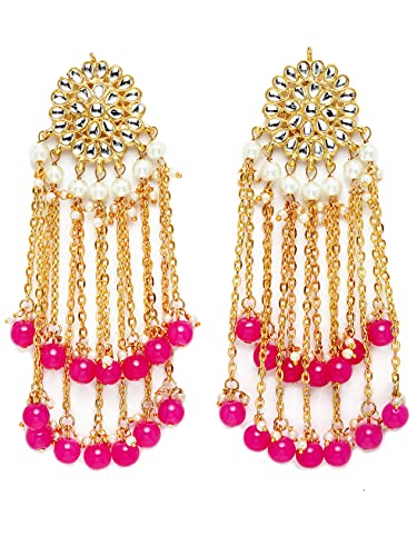 Image of Karatcart Kundan Tassel Earrings for Women (Pink and Green Beads)