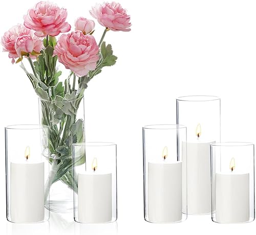 Juego de 3 velas de pilar blanco y portavelas de cristal, jarrones cilíndricos transparentes para velas de pilar, juego de velas de huracán para