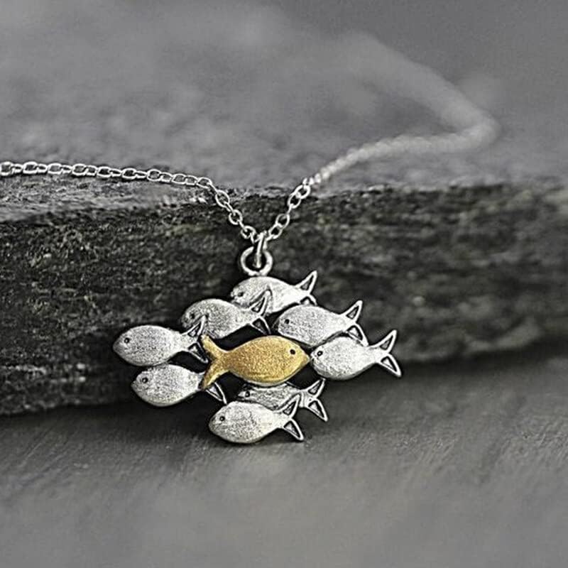 Miniatura 3 de Joyería de moda collar de tenis de cadena de hielo de hip hop, collar de cadena con colgante de pez de dos tonos para mujer, collar retro punk para