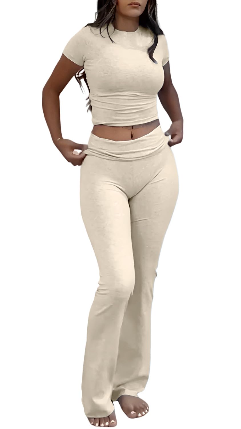YETOWA Women's 2 Piece Lounge Outfits Slim Short Sleeve Tops Low Rise Flare Leggings Sets Yoga Sweatsuit, Khaki Short-sleeved Set, XL