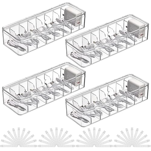 AHAQU 4PCS Cable Storage Box, 8 Grids Clear Cable Tidy Box, Acrylic Cable Organizer Box with Lid, cable management box with 40 Cable Ties for Office, Home, Accessories Storage