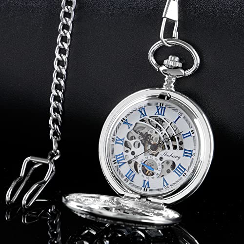 Image of Classic Silver Mechanical Pocket Watch, Roman Numerals Silver Pocket Watch with Chain Box for Men