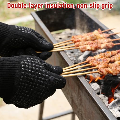 Grillhandschuhe Hitzebeständig 800℃, Feuerfeste Handschuhe, Hitzebeständige Handschuhe, Anti-Rutsch Kochhandschuhe Schwarz für Backofen Grill Kamin Küche