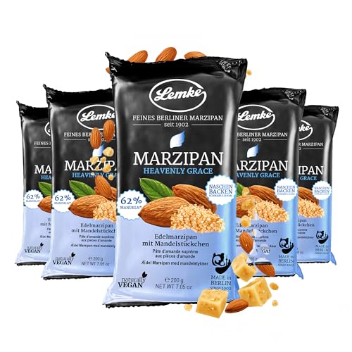 Lemke Heavenly Grace Marzipan 5 x 200g/Edelmarzipan mit Mandelstückchen-Vegan- Backmarzipan