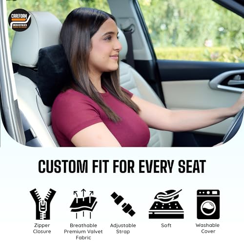 Image of CareFoam Ultimate Memory Foam Car Neck Rest Pillow, Comfortable Rides, Superior Neck Support Cushion, Relieves Neck Pain, Black Velvet Cover | 14 x11 x5 Inch | Small Pack of 1
