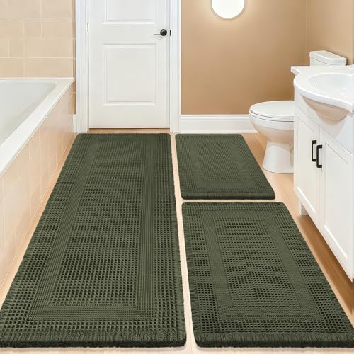 Waffle Bath Mat Set 3 Piece, Boho Woven Modern Bath Rug Absorbent Non Slip, Soft Bathroom Mats, Machine Washable Knit Bath Rugs with Tassels for Bathroom, Bedroom, Kitchen, Shower, Tub, Dark Green by IM HOME - Used condition - US$38.18