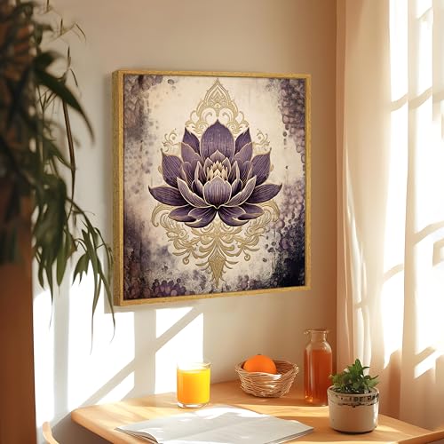 Image of PAINTINGMANTRA Multicolor Abstract Stretched Canvas Framed Painting Wall Art for Living Room Bedroom Office Cafe Beige Purple Gold Lotus Indian Folk Framed Canvas Wall Decor Painting Frame (58x58 cm)