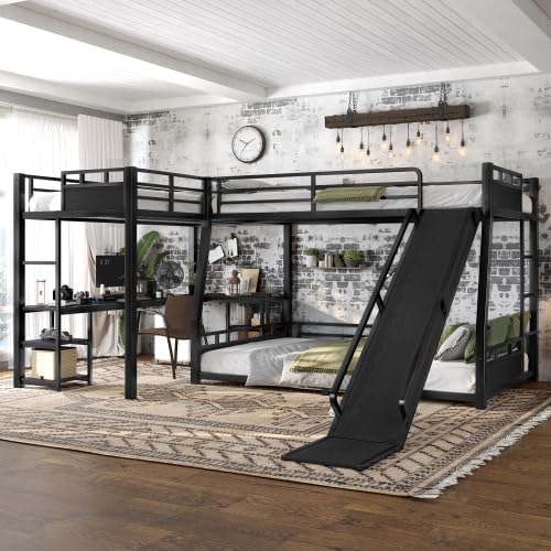L-Shaped Metal Triple Bunk Bed with Slide, Full XL Over Queen with Twin XL Loft Bed, Built-in Desk & Storage Shelves, Space Saving Bunk Bed for Kids Teens Bedroom Dorm, Black
