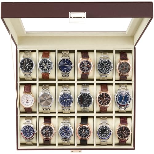 Image of ProCase Watch Box Organizer, 18 Slot Watch Display Case, Espresso&Beige | Watches Storage Boxes Holder for Men Women, Large Glass Lid, Removable Pillows, Anniversary Christmas Birthday Gifts