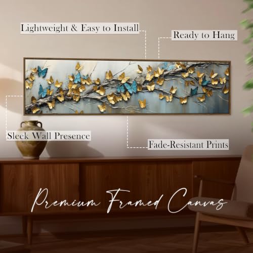 Image of Large Canvas Painting Panel Framed Wall Painting Blue and yellow Butterfly Framed Luxury Paintings for Home Decoration, Living room, Bedroom and Office Decor (Gold, 13x47 Inch)